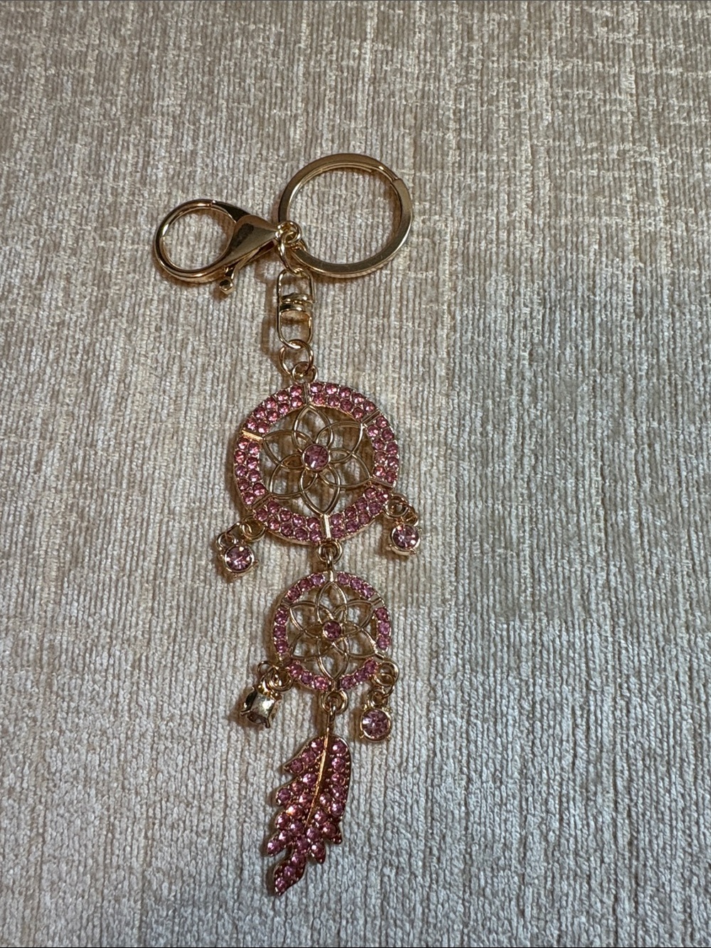 Source Unknown Gold-Tone Pink Crystal Dreamcatcher Keychain Charm
